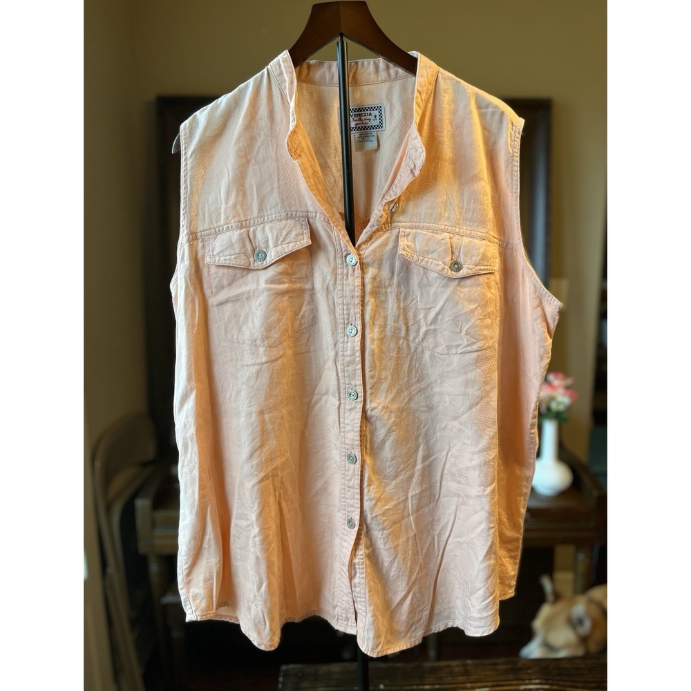 Venezia Women's Plus 18/20 Pink Floral Jacquard Cotton Collared Sleeveless Top
